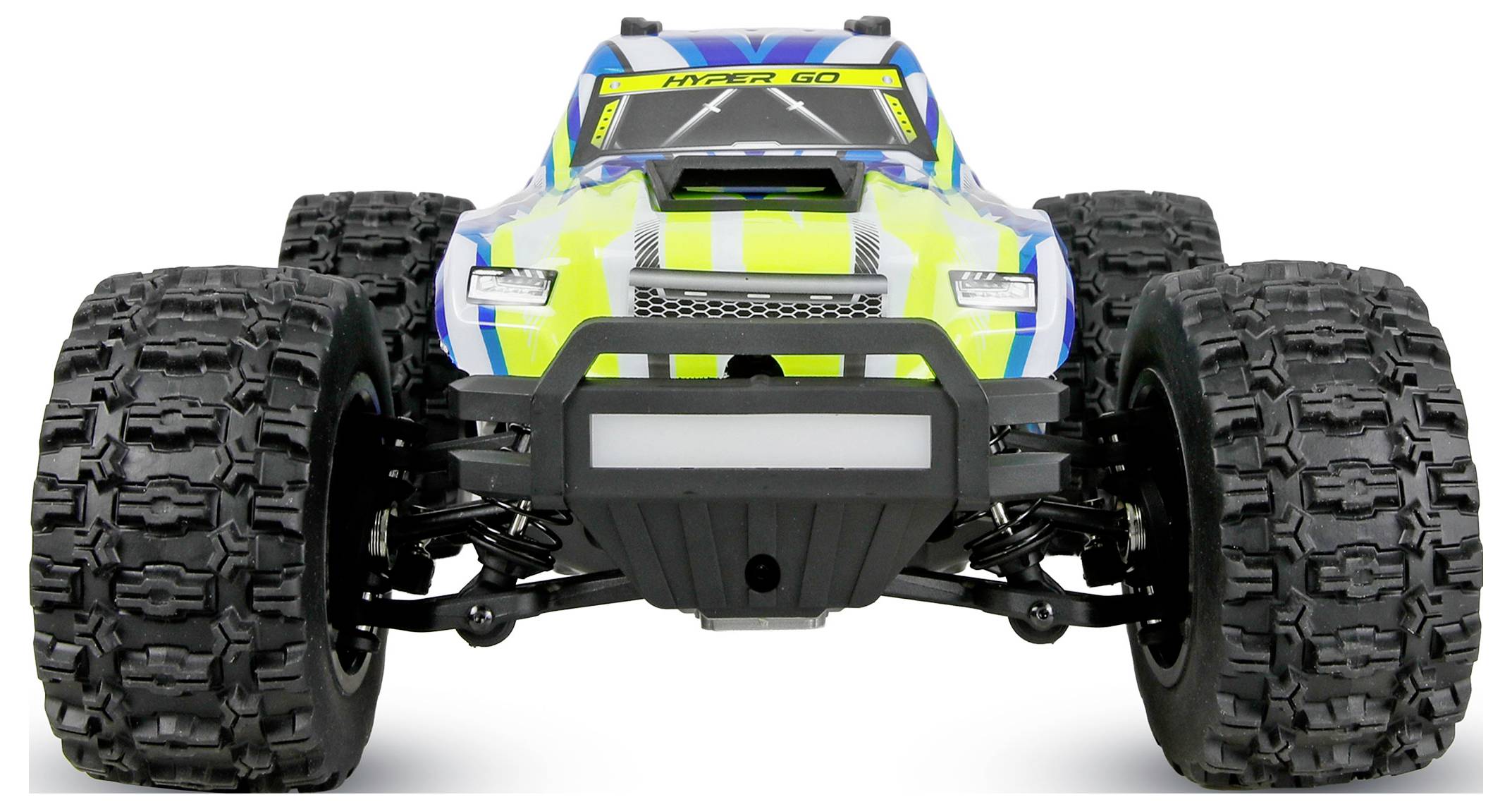 Vue de face d'un camion monstre tout-terrain télécommandé jaune néon et bleu avec des pneus surdimensionnés sur un fond blanc.
