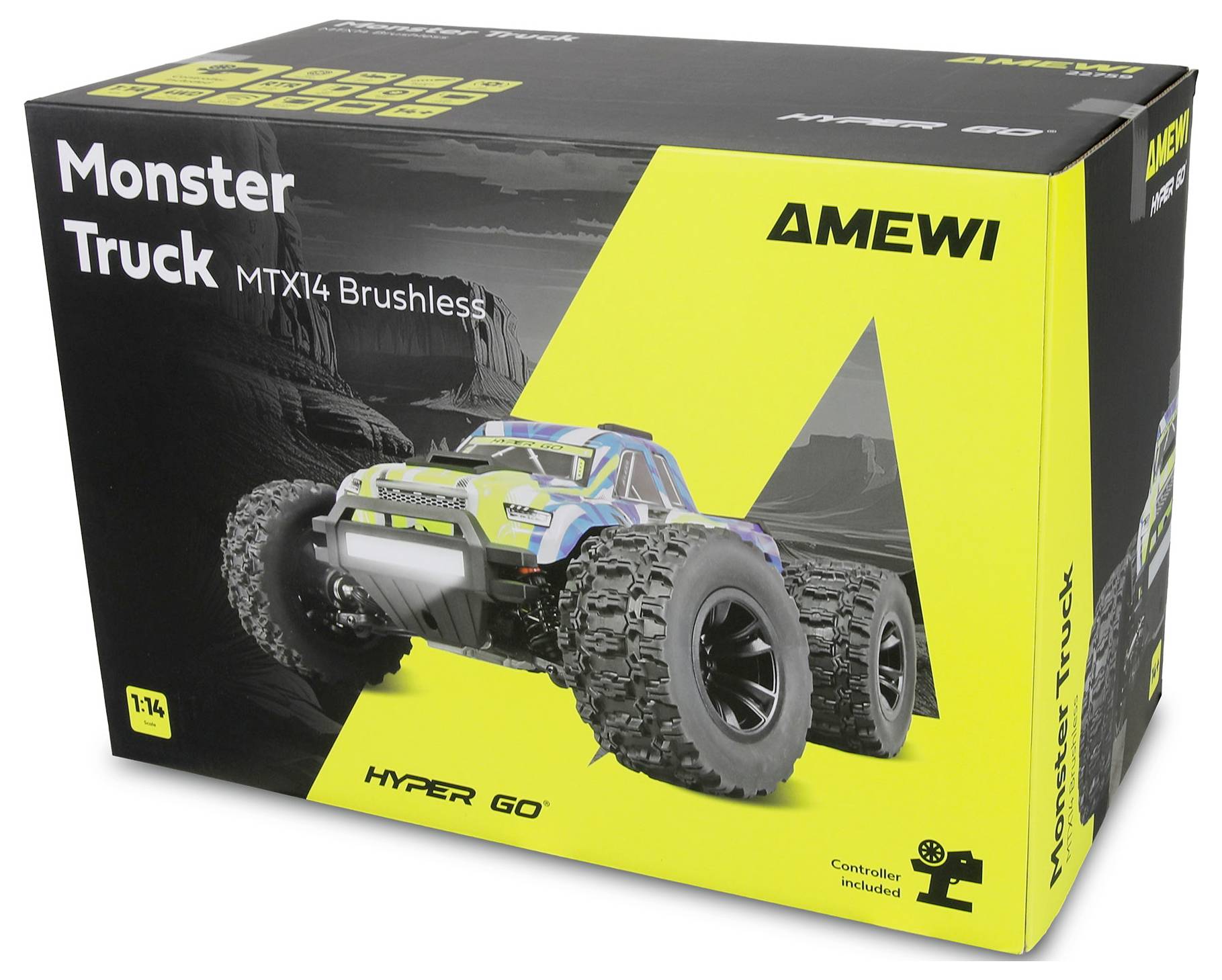 Boîte pour camion monstres AMEWI MTX14 Brushless Hyper Go, montrant un camion tout-terrain robuste et une icône « Contrôleur inclus ».