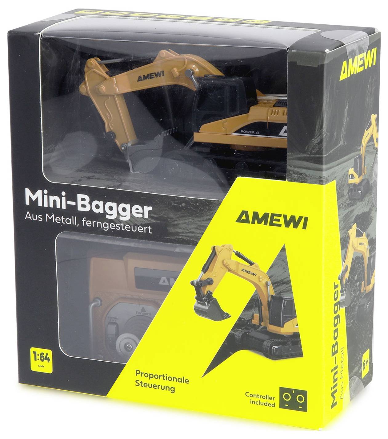 Emballage pour un mini-pelle télécommandée en métal AMEWI, présenté dans une boîte noire et jaune avec l'image du produit et le texte « Mini-Bagger ».