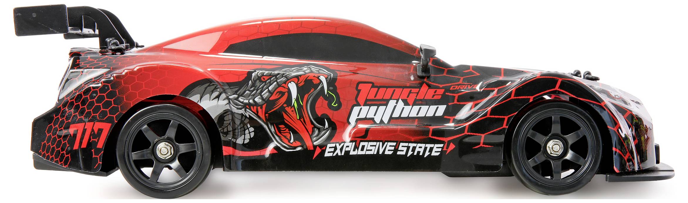 Vue latérale d'une voiture de course de dragster rouge et noire avec des graphiques « Jungle Python », carrosserie aérodynamique basse et grand aileron arrière.