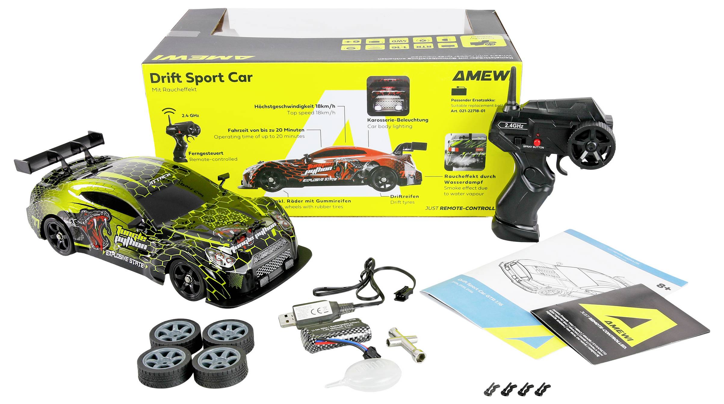 Kit de voiture de sport RC pour dérive avec télécommande, chargeur, roues de rechange et manuel d'instructions à l'avant de la boîte du produit.