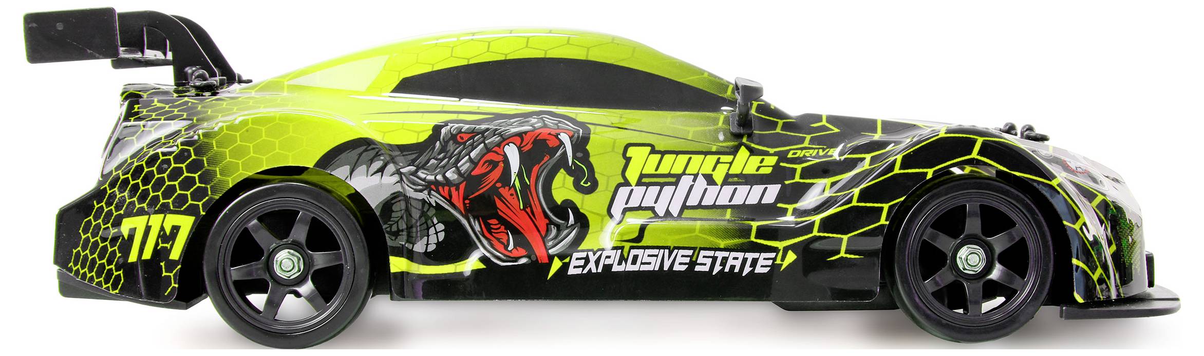 Vue latérale d'une voiture de course vert néon et noir avec des graphiques Jungle Phantom et le texte « Explosive State », dotée d'un grand aileron arrière.