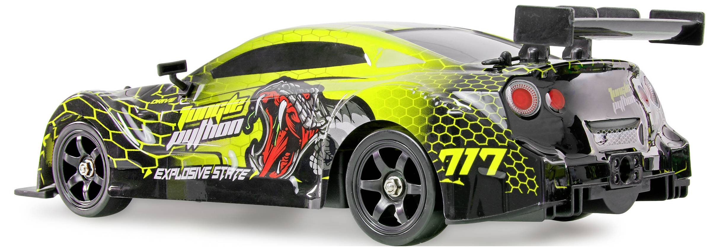Une voiture de course noire et jaune néon avec le numéro 117, vue de l'arrière, dotée d'un grand aileron et de graphiques agressifs.