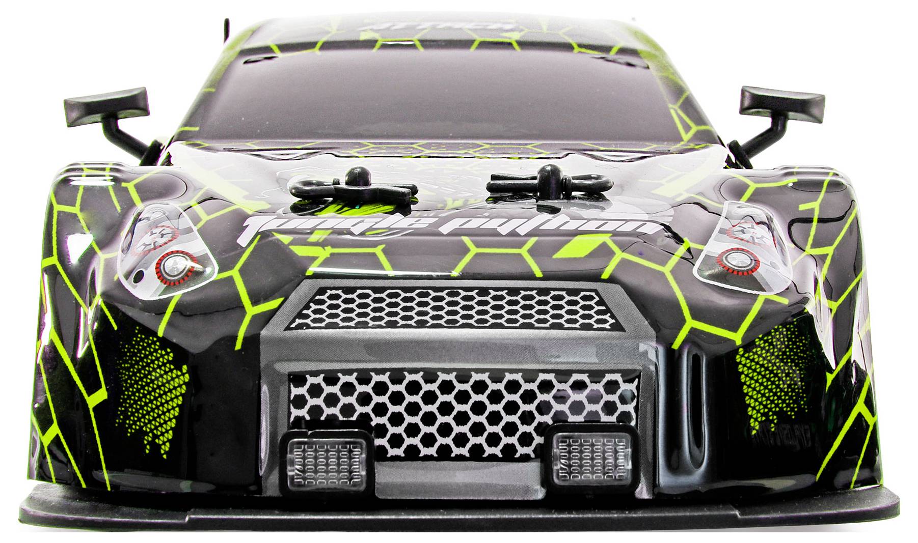 Vue de face d'une voiture de sport noire avec des accents en vert néon de style circuit sur le capot, la calandre et la carrosserie.