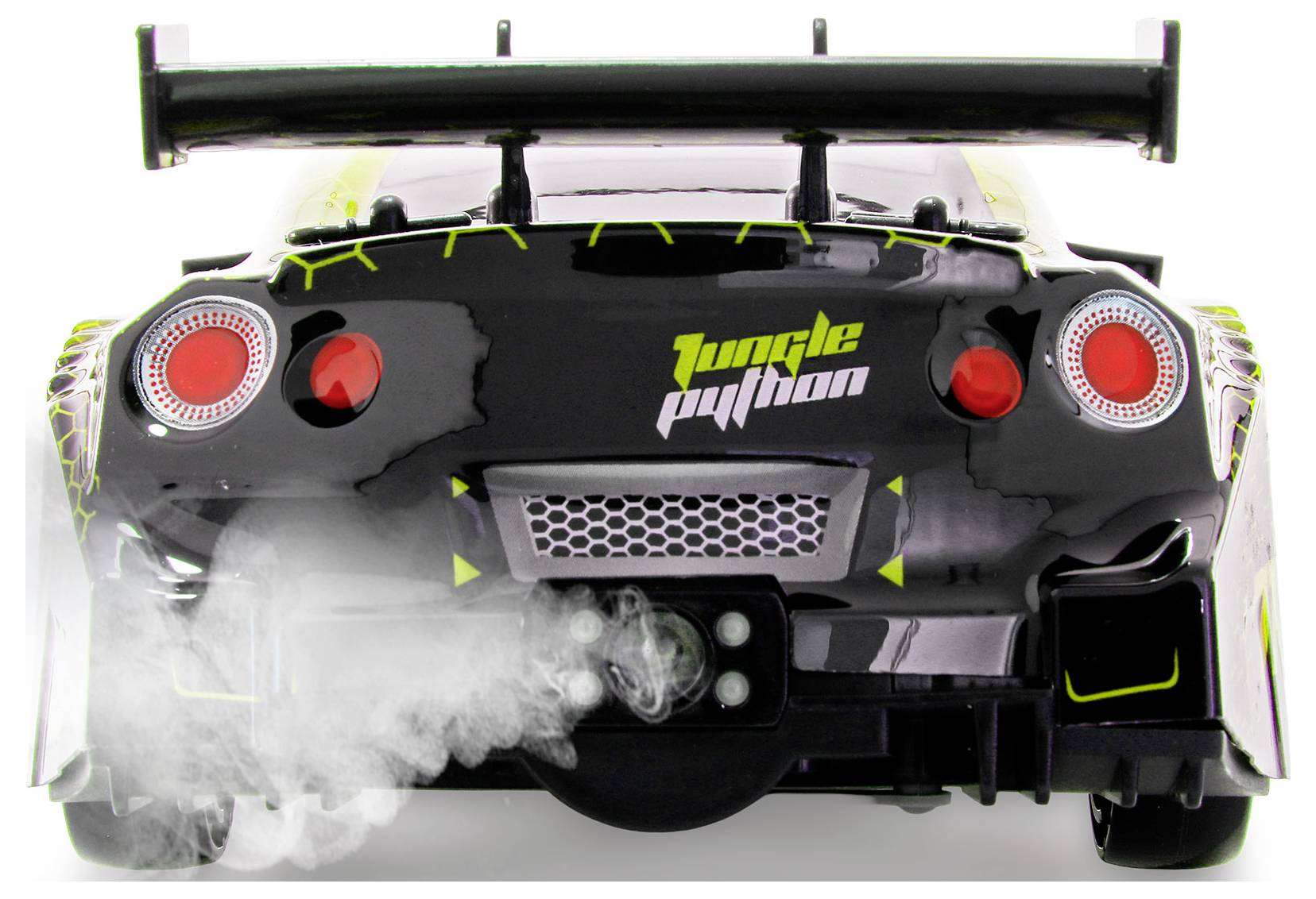 Vue arrière d'une voiture de course noire avec un grand aileron et la marque « Jungle Python », montrant des feux arrière rouges et de la fumée s'échappant du pneu arrière gauche.