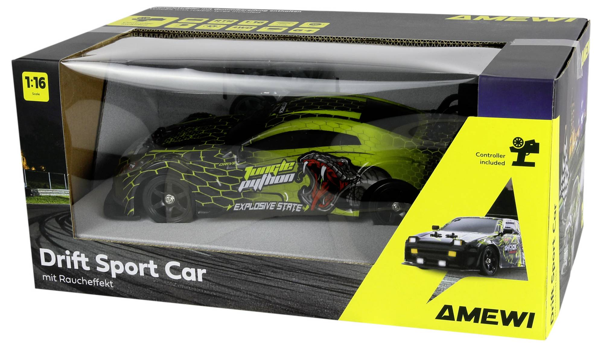 Voiture de sport télécommandée AMEWI en boîte, modèle réduit à l'échelle 1:16, avec emballage jaune et noir montrant la voiture et l'icône « contrôleur inclus ».