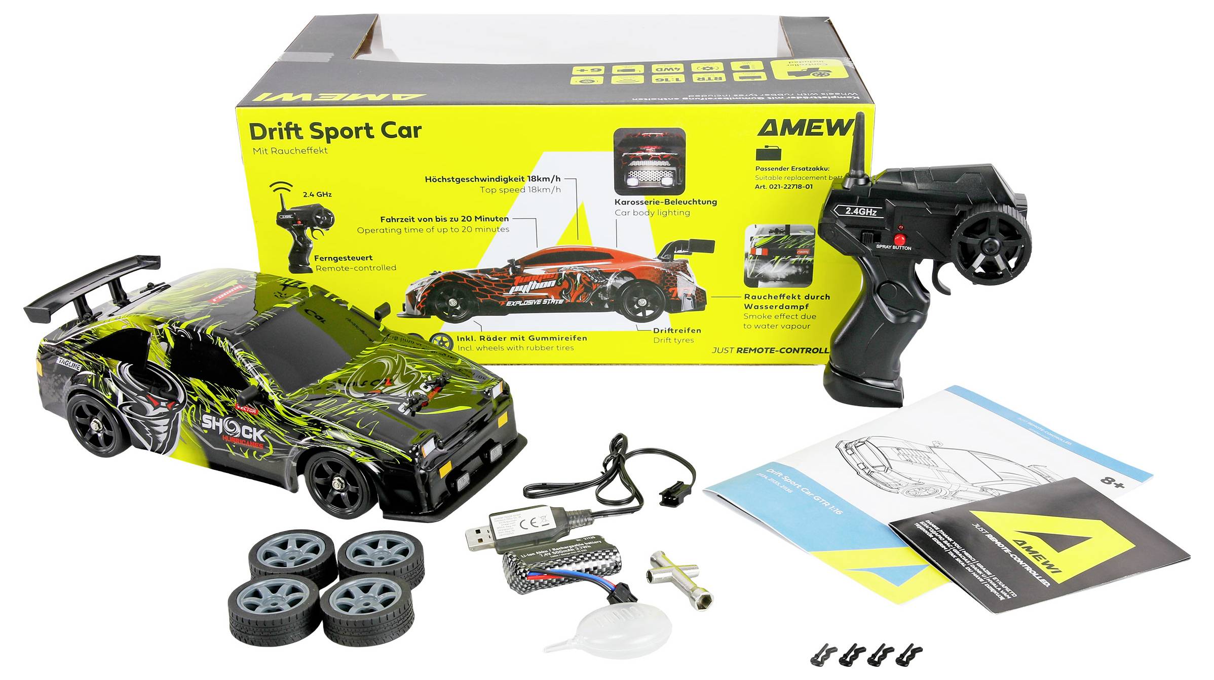 Kit de voiture de sport RC drift avec voiture noir et vert néon, télécommande, boîte, roues supplémentaires, chargeur USB et livret d'instructions.