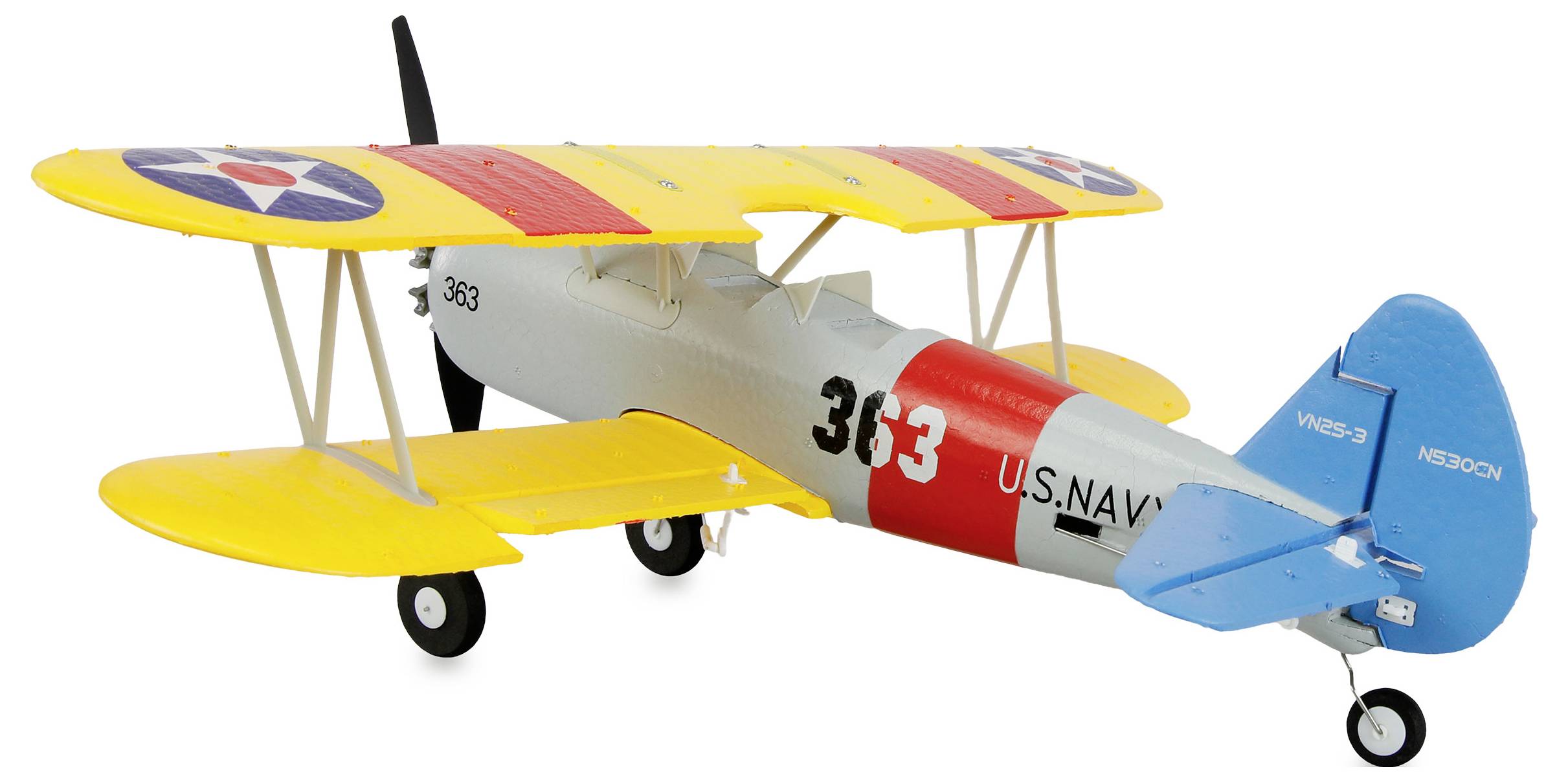 Un modèle d'avion biplan de la Marine américaine jaune et rouge avec une queue bleue sur un fond blanc, montré en vue latérale.