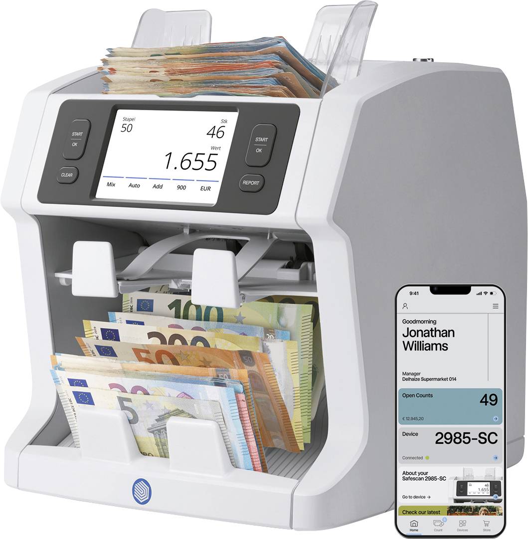 Compteur automatique de billets comptant les billets en euros mélangés, avec une application mobile affichant l'état de l'appareil et le nombre total