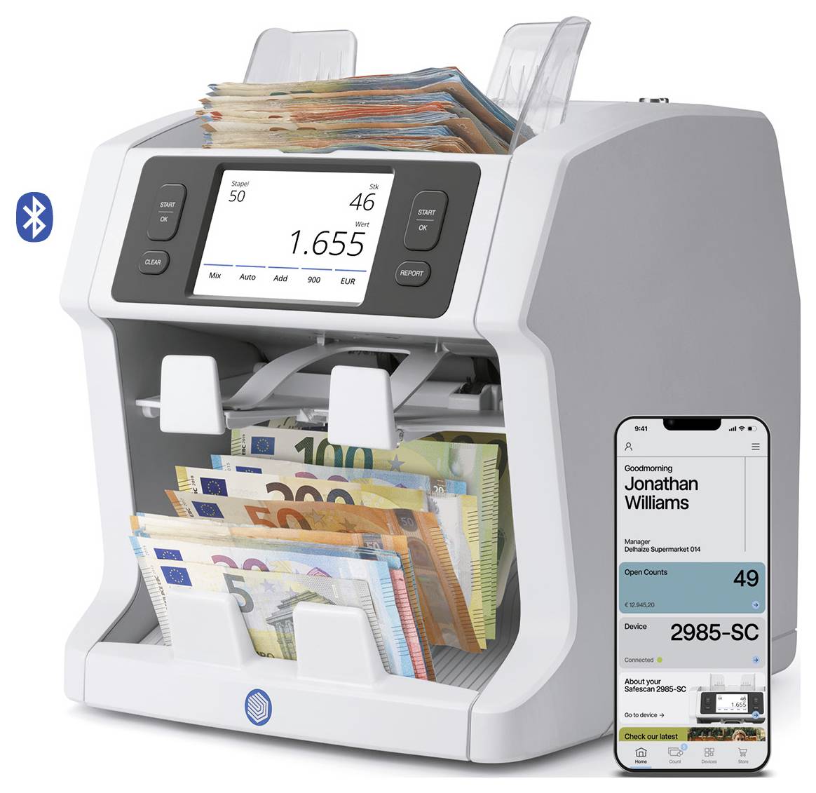 Machine de comptage de devises blanche qui empile les billets en euros et se connecte via Bluetooth à une application smartphone affichant le décompte et l'état de l'appareil.