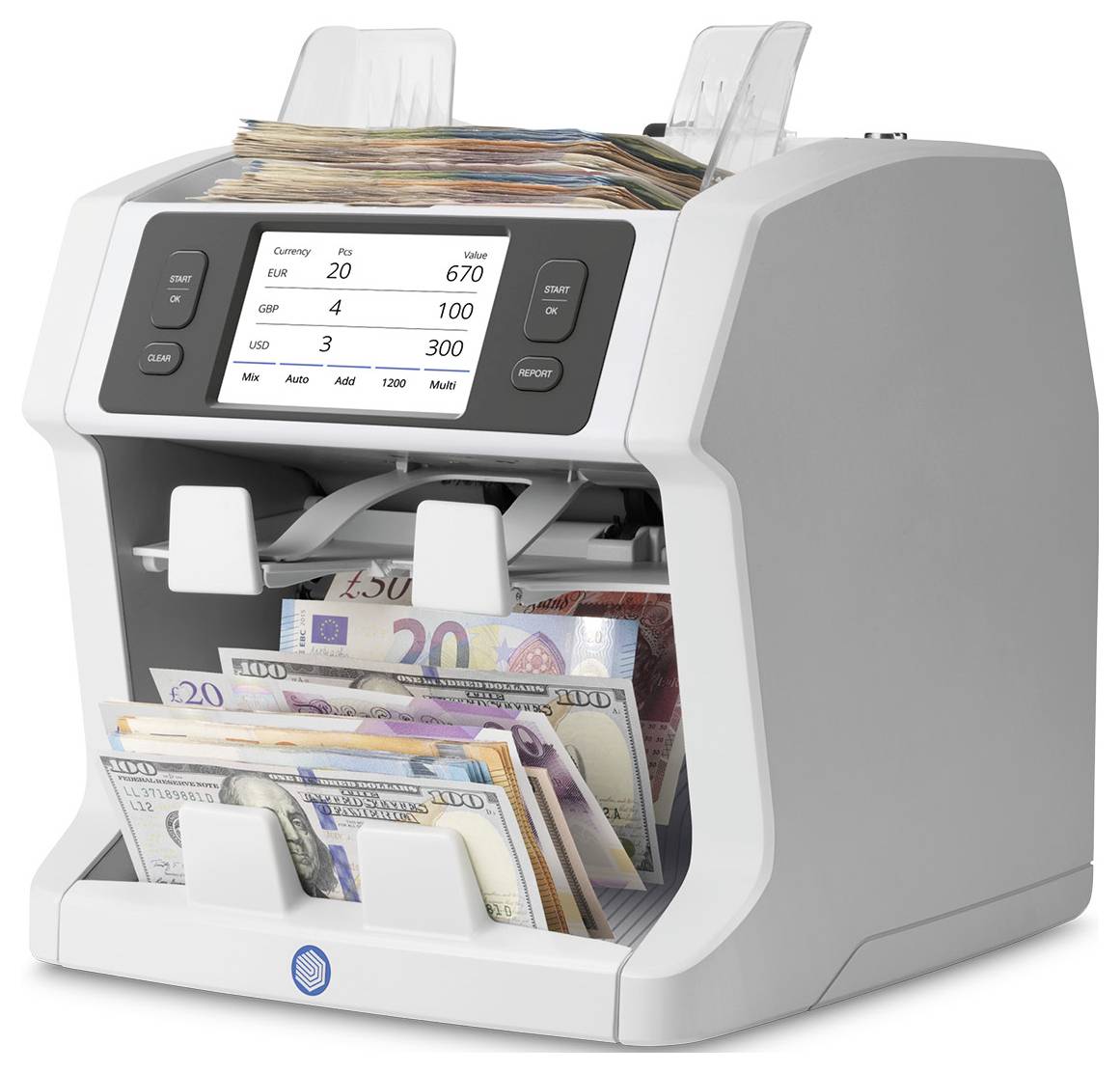 Machine de comptage de billets triant des billets de banque mixtes, avec des billets en euros visibles dans le bac de sortie et un écran affichant les totaux monétaires.
