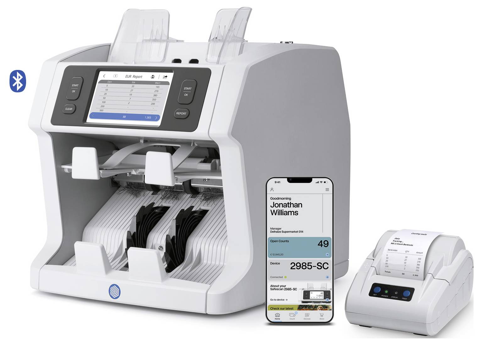 Photo d'une machine de comptage de devises avec écran tactile, un affichage d'application smartphone montrant « Jonathan Williams » et les détails du comptage, ainsi qu'une petite imprimante de reçus à côté.