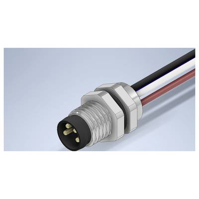 Gros plan d'un connecteur circulaire métallique avec quatre broches dorées et des fils noir, rouge et blanc attachés sur un fond bleu clair.