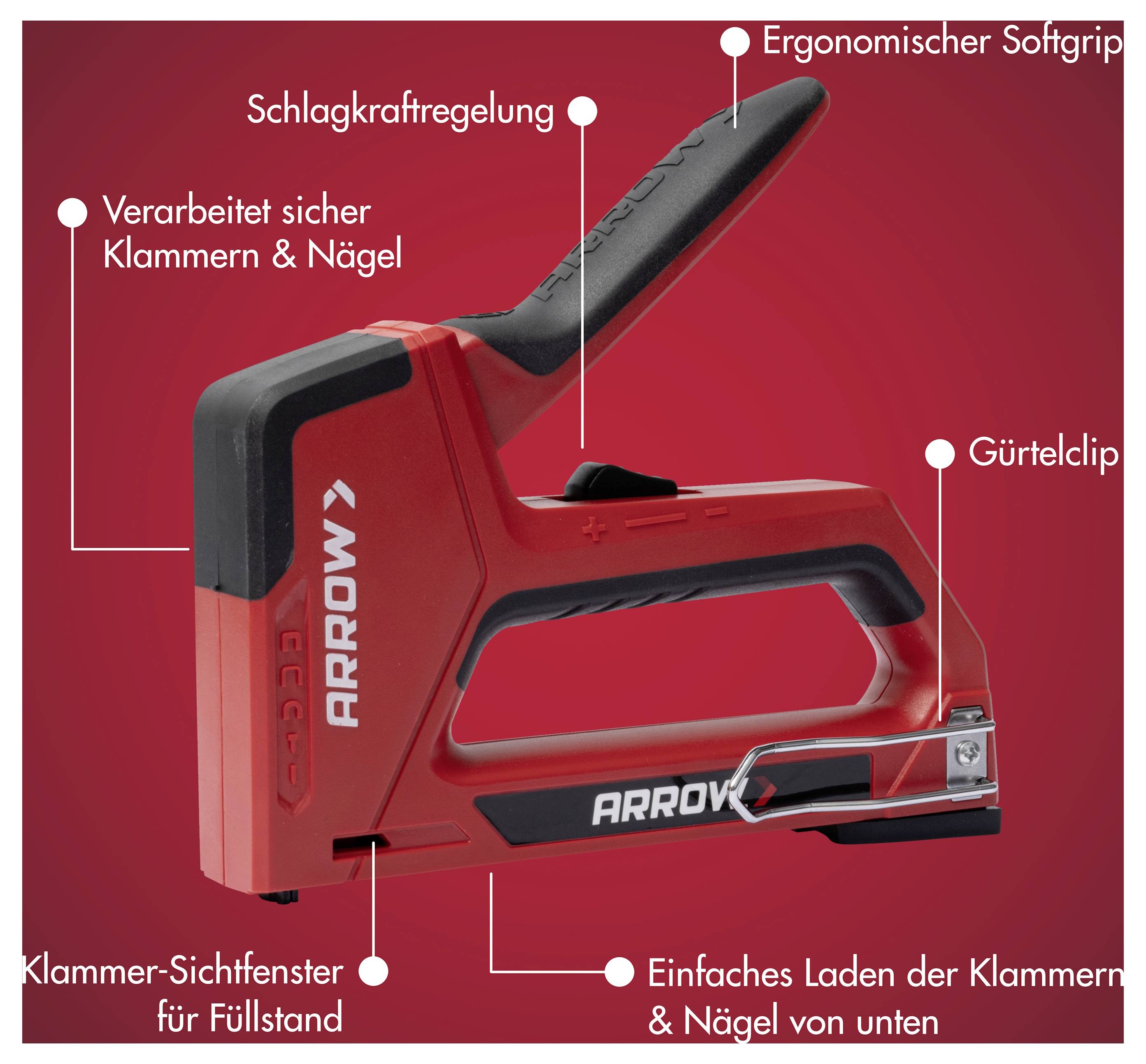 Agrafeuse Red Arrow avec caractéristiques étiquetées : poignée souple ergonomique, ajustement de l'impact, utilisation sécurisée pour les agrafes et les clous, pince de ceinture, fenêtre de niveau de remplissage, et chargement par le bas.