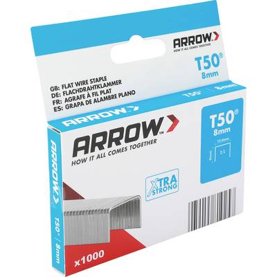 Boîte d'agrafes en fil plat 8 mm Arrow T50, affichant 1000 agrafes et la marque « XTRA STRONG ».