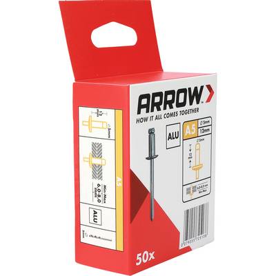 Boîte d'emballage Red Arrow pour agrafes A5, présentée en position verticale avec illustrations de produits et étiquette de quantité « 50x ».