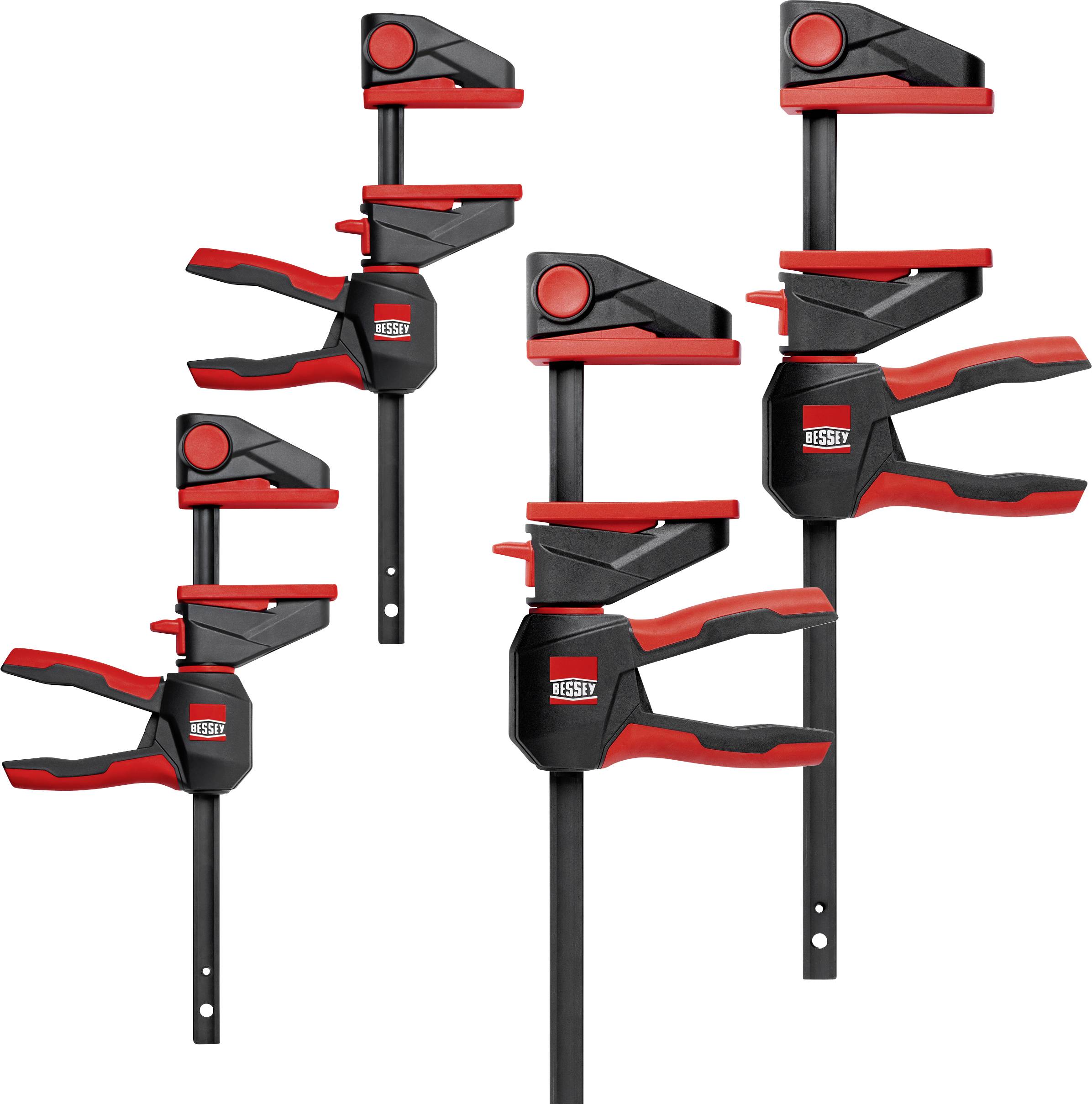 Cinq serre-joints à ressort noir et rouge de différentes tailles sur un fond blanc, montrant un ensemble de produits de serre-joints réglables.