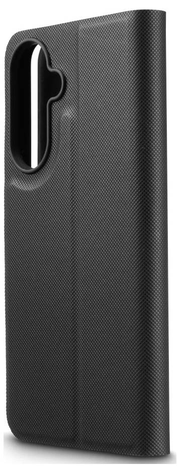 Étui de protection pour téléphone à texture noire montré de l'arrière, avec une découpe verticale pour l'appareil photo près du haut à gauche.
