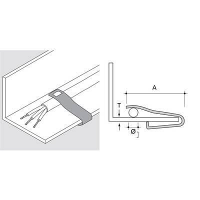 Illustration d'un serre-câble fixant un câble multi-brins à une surface, avec un diagramme en coupe latérale montrant les dimensions A, T et le diamètre Ø.