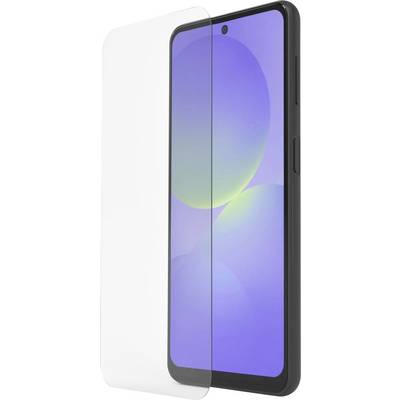 Un smartphone avec un étui noir et un protecteur d'écran transparent montré de face sous un angle sur un fond blanc.