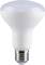 Une ampoule LED blanche avec un large sommet givré et une base de vis métallique sur un fond uni.