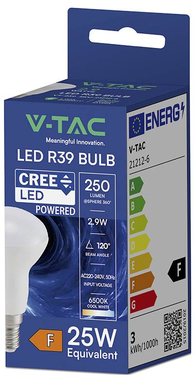 Emballage d'ampoule LED V-TAC R39 affichant une technologie LED CREE, équivalent 25W, 2,9W, 250 lumens, blanc froid 6500K, et classe énergétique F.