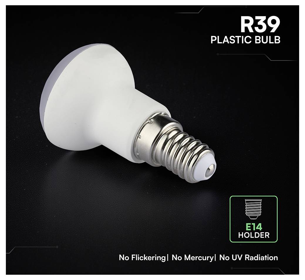 Image du produit d'une ampoule en plastique R39 avec douille E14 ; le texte indique « Pas de scintillement | Pas de mercure | Pas de rayonnement UV ».