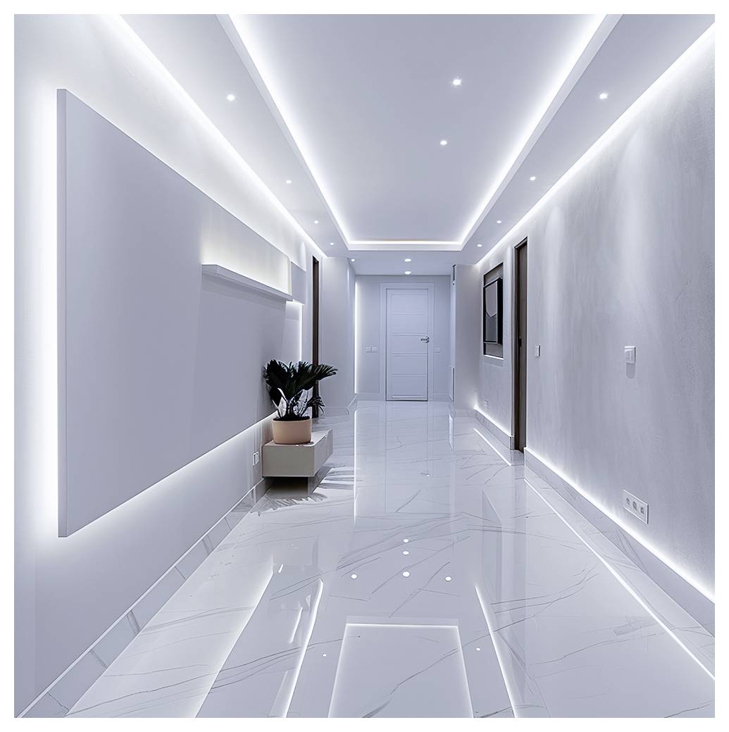 Couloir minimaliste moderne avec sol en marbre blanc brillant, lumières encastrées au plafond, téléviseur mural et une petite plante près d'un meuble latéral menant à une porte fermée.