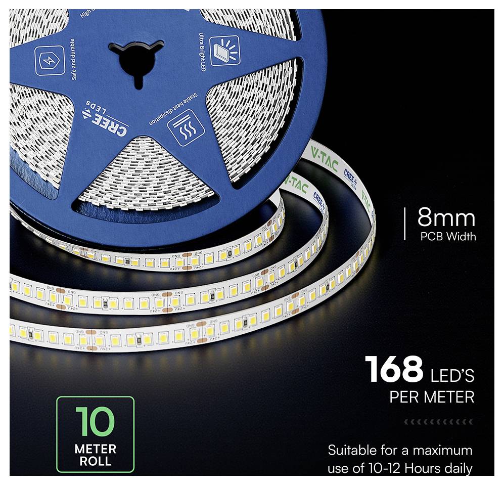 Bobine bleue de bandes LED sur fond noir, étiquetée largeur PCB 8mm, 168 LED par mètre, et rouleau de 10 mètres; adapté pour un usage quotidien de 10 à 12 heures.