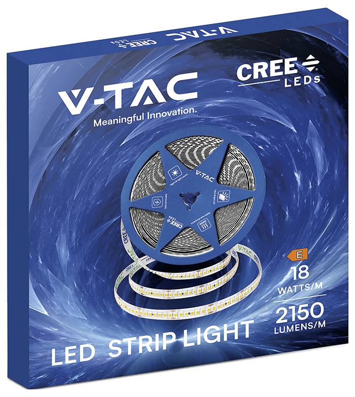 Boîte de LED CREE V-TAC, affichant une bobine de bande lumineuse blanche et bleue avec « 18 WATTS/M » et « 2150 LUMENS/M » sur l'emballage.