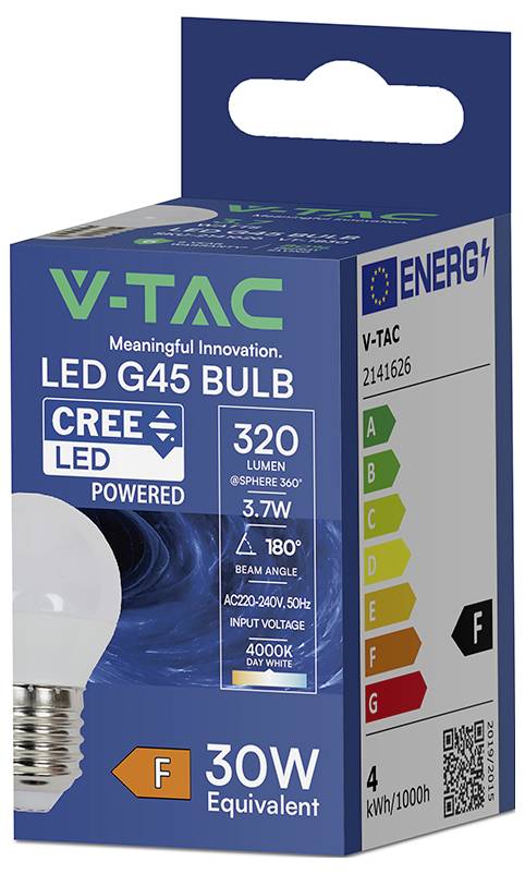 Ampoule LED V-TAC G45, 3,7W, 320 lumens, blanc neutre 4000K, angle de faisceau 180°, classée F en efficacité énergétique, équivalent 30W.