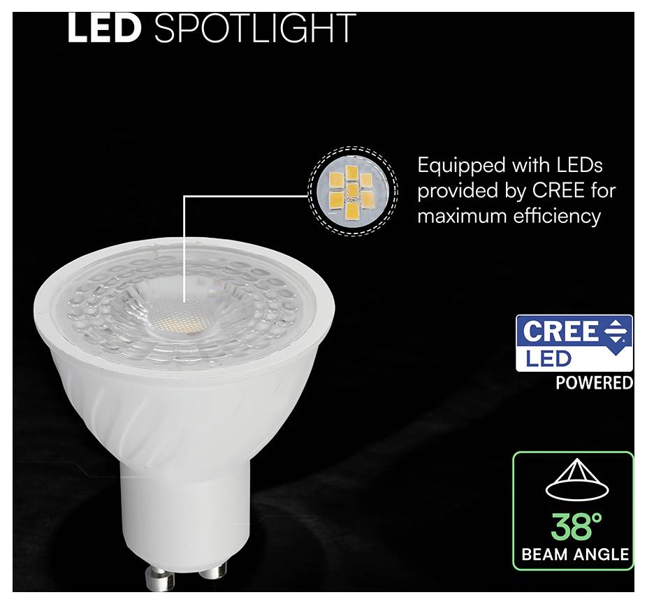 Ampoule de projecteur LED avec LEDs CREE, présentée sur un fond noir avec un texte promouvant l'efficacité maximale et un angle de faisceau de 38°.