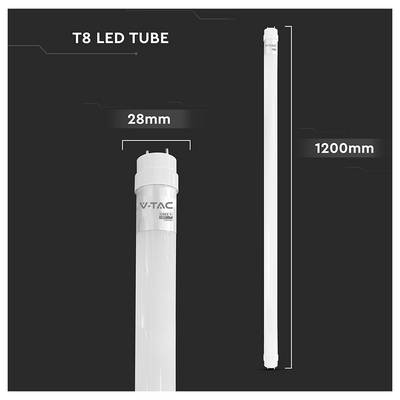Image produit d'un tube LED T8 étiqueté « T8 LED TUBE », montrant un diamètre de 28 mm et une longueur de 1200 mm sur un fond sombre.