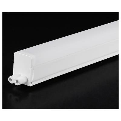 Luminaire LED linéaire blanc avec connecteur bipolaire à l'extrémité sur fond noir.