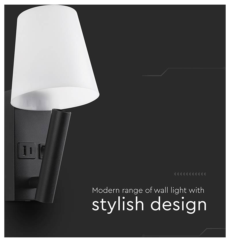 Annonce pour un applique murale moderne avec abat-jour blanc et bras noir sur un fond sombre, intitulée « gamme moderne d'appliques murales au design élégant ».