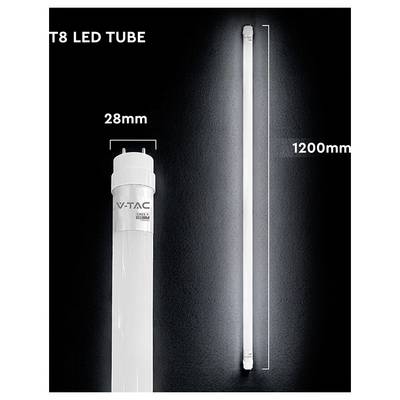 Image d'un tube LED T8 montrant un diamètre de 28 mm et une longueur de 1200 mm, avec la lampe et son culot sur un fond sombre.