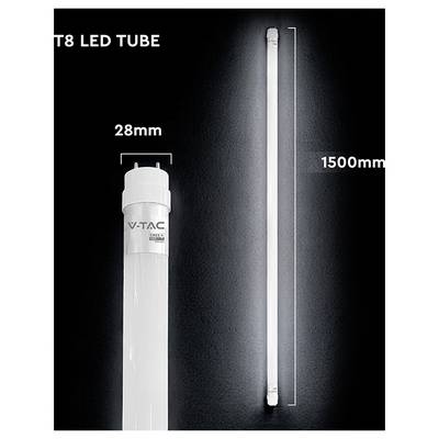 Image de produit d'un tube lumineux LED T8 blanc, d'une largeur de 28 mm et d'une longueur de 1500 mm, présenté sur un fond sombre.