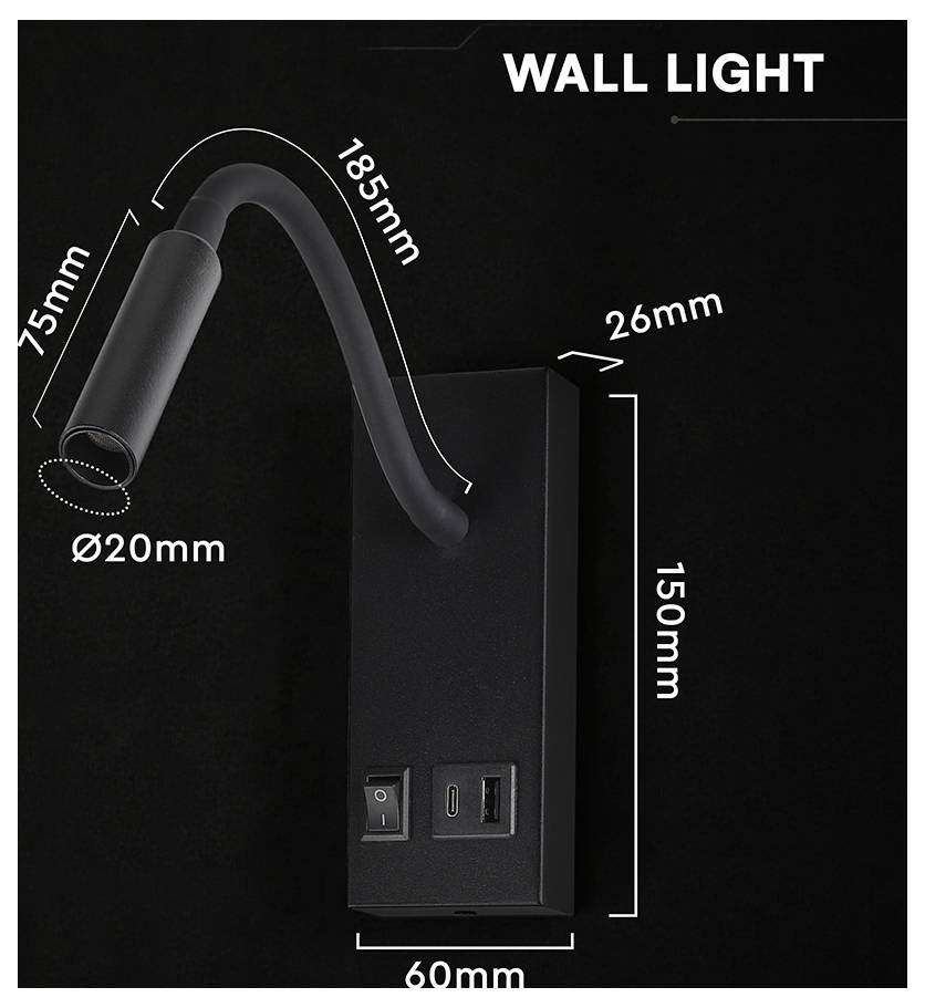 Applique murale noire avec bras flexible et tête de lampe cylindrique, étiquetée avec les dimensions : bras de 185 mm, corps de 150 mm, largeur de 60 mm, profondeur de 26 mm, tête de 75 mm, ouverture de Ø20 mm.