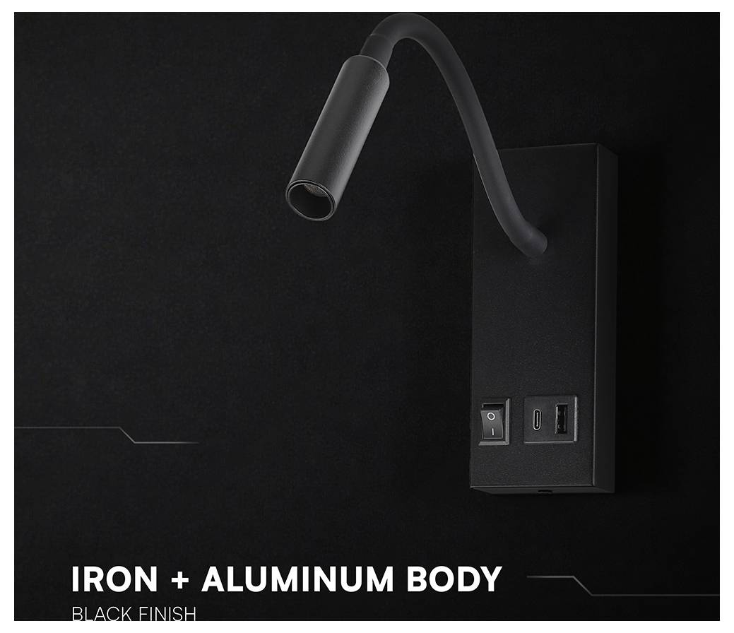 Lampe murale noire avec col de cygne flexible et corps en fer plus aluminium, présentée sur un fond sombre avec le texte « CORPS EN FER + ALUMINIUM » et « FINITION NOIRE ».