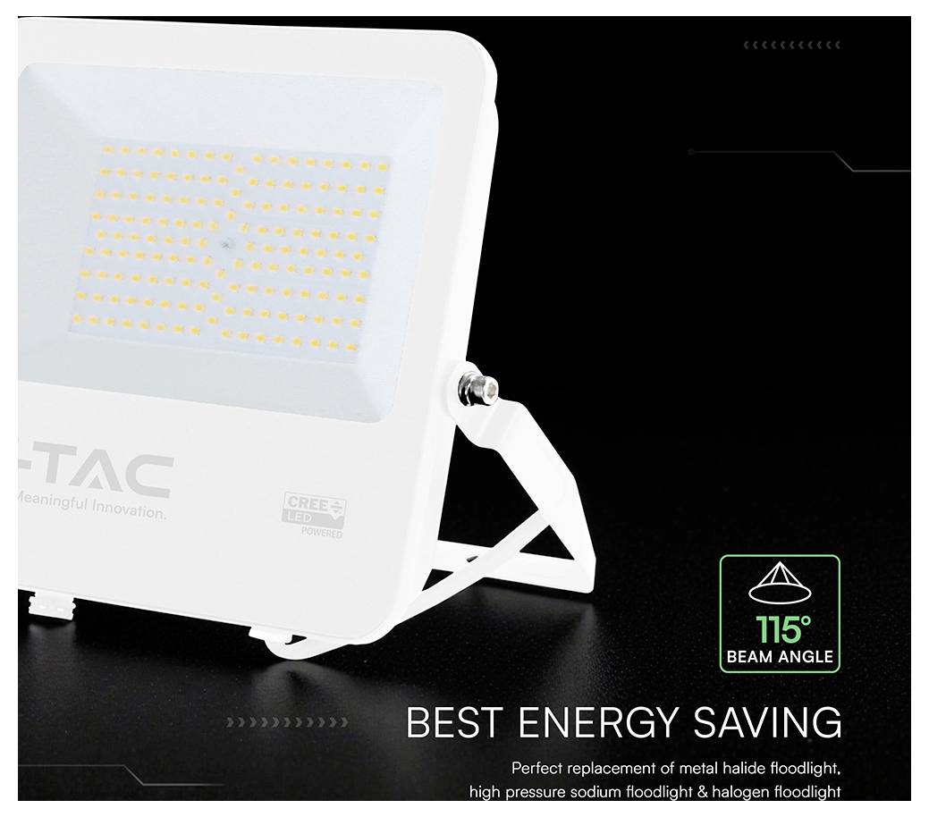 Projecteur LED blanc, étiqueté « MEILLEURE ÉCONOMIE D'ÉNERGIE » et « ANGLE DE FAISCEAU 115° », présentant un panneau lumineux carré sur un fond noir.