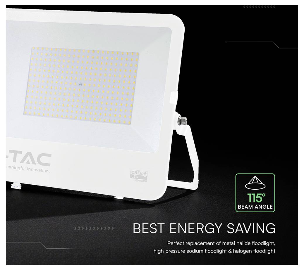 Projecteur LED blanc avec un angle de faisceau de 115° et le slogan « MEILLEURE ÉCONOMIE D'ÉNERGIE » ; présente de nombreuses petites LED sur un fond noir.