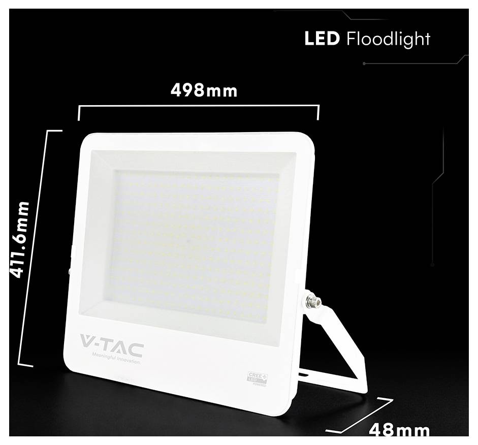 Image de produit de projecteur LED blanc avec dimensions étiquetées 498 mm de largeur, 411,6 mm de hauteur et 48 mm de profondeur sur fond noir.