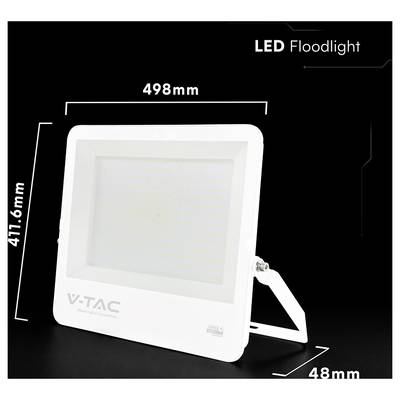 Image de produit de projecteur LED blanc avec dimensions étiquetées 498 mm de largeur, 411,6 mm de hauteur et 48 mm de profondeur sur fond noir.