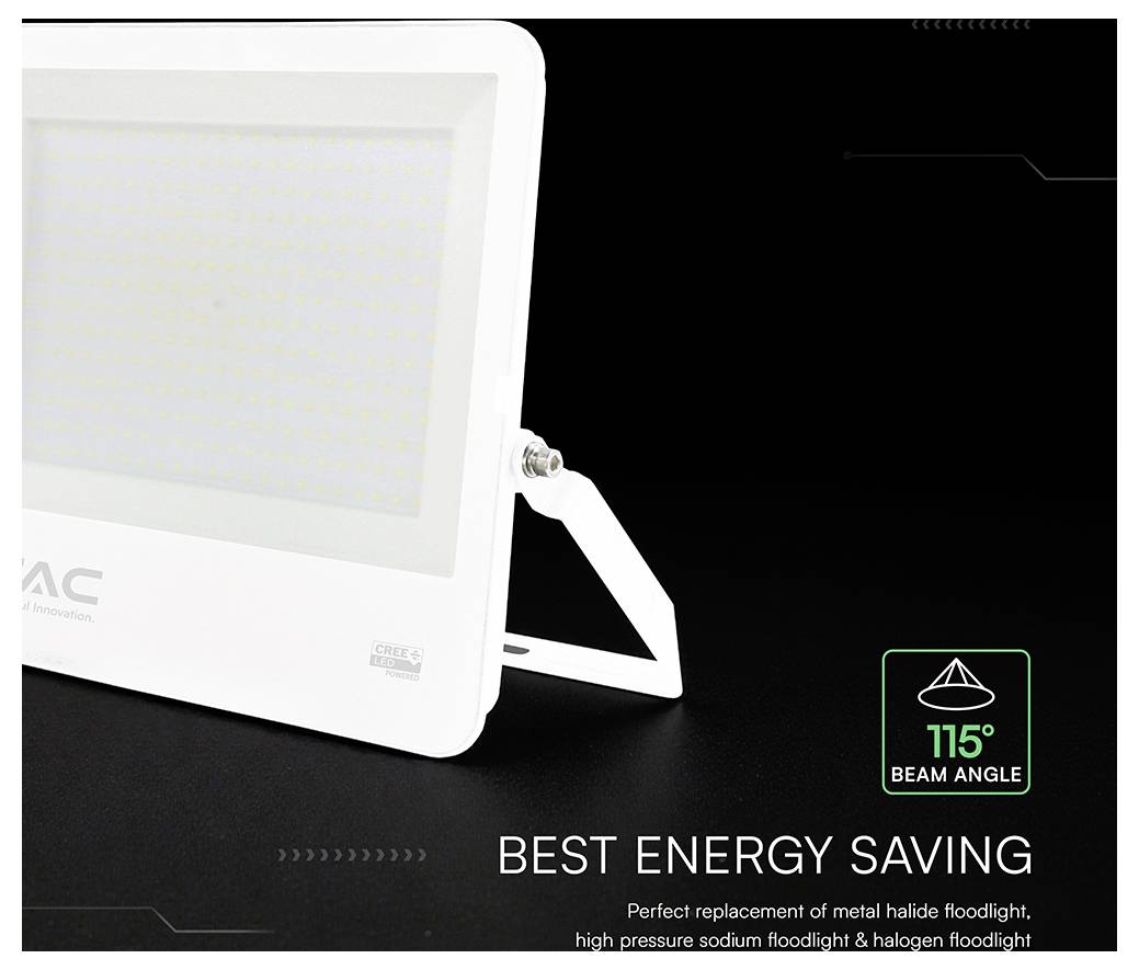 Projecteur LED blanc sur un fond noir avec le texte « MEILLEURE ÉCONOMIE D'ÉNERGIE » et un badge « ANGLE DE FAISCEAU 115° ».