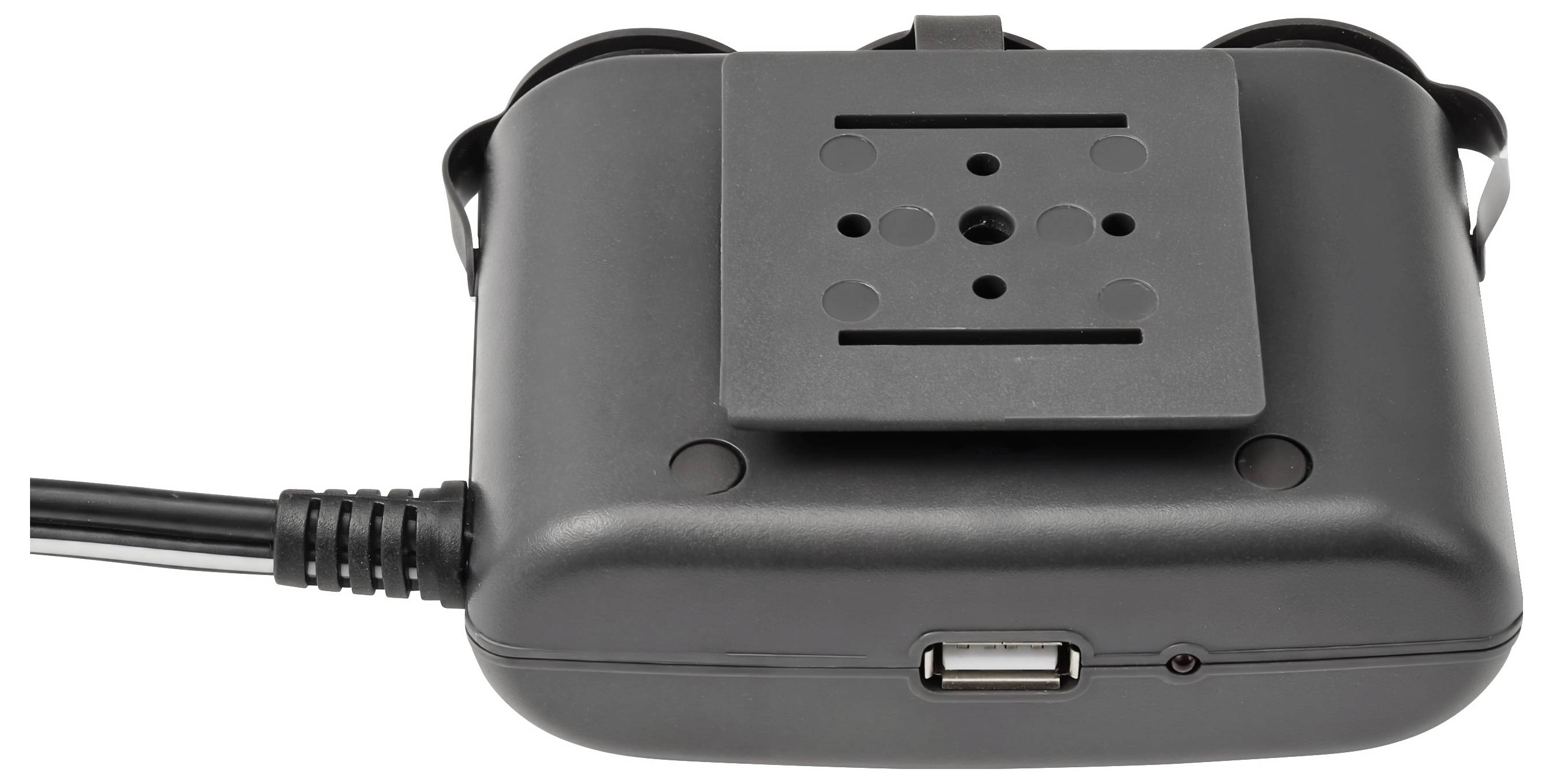 Appareil électronique noir avec un câble sur la gauche et un port USB à l'avant, présenté sur un fond blanc.