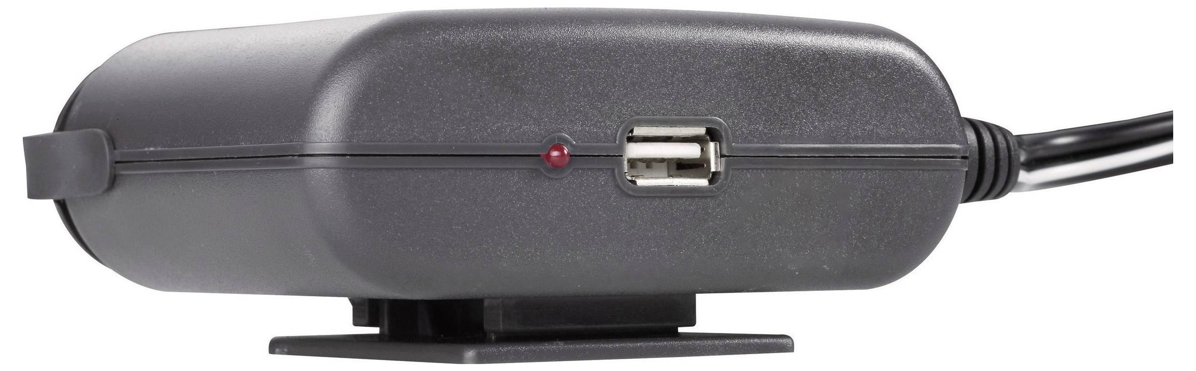 Commutateur d'alimentation USB en ligne noir avec voyant indicateur rouge et port USB, présenté avec câble attaché.