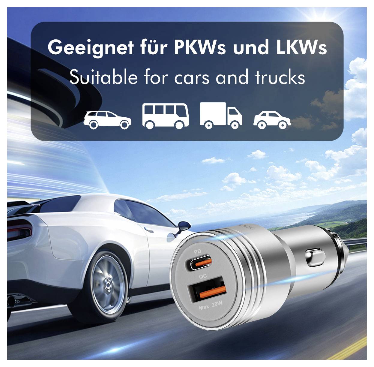 Image d'un produit montrant un chargeur de voiture à double USB à côté d'une voiture de sport, avec l'étiquette « Convient aux voitures et camions » et des icônes pour voiture, fourgonnette, camion et SUV.