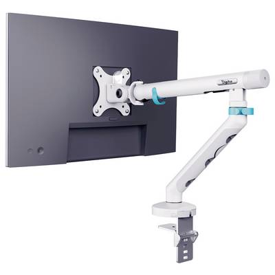 Bras articulé blanc pour moniteur serré sur un bureau, soutenant l'arrière d'un moniteur à écran plat sur fond blanc.