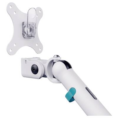 Support mural réglable avec un serre-joint articulé maintenant un dispositif cylindrique blanc ou un bras, présenté sur un fond uni.