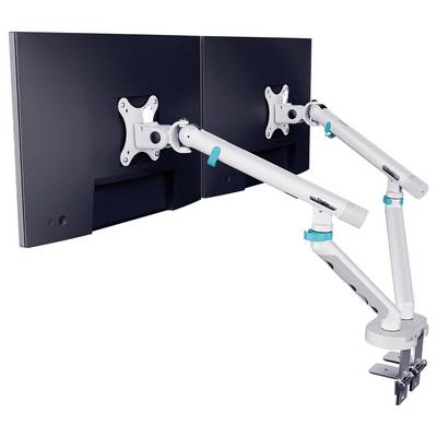 Bras de moniteur double monté sur un bureau, tenant deux écrans noirs côte à côte avec des supports articulés blancs ajustables.